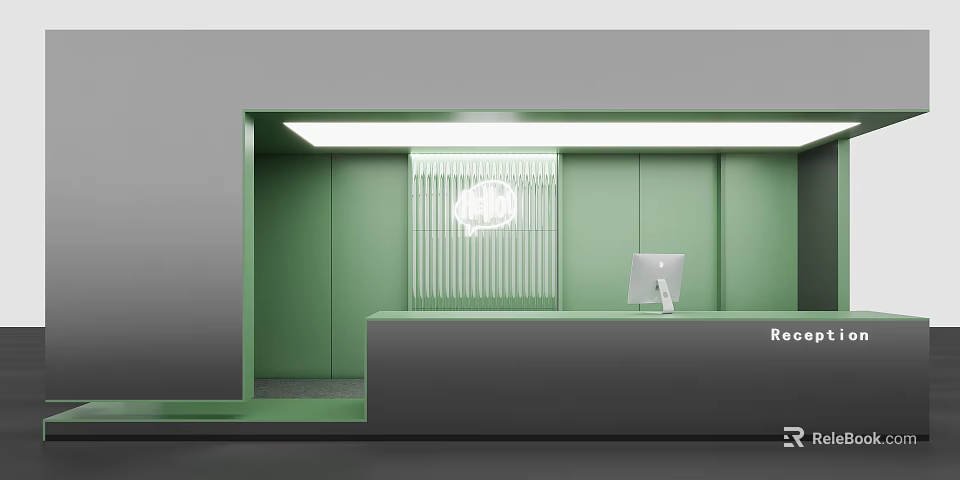 Modern Reception Desk Interior With Green Walls Computer And Lighting Fixture Design 3d model