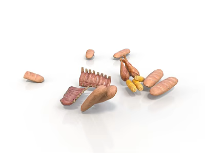 Fresh Assorted Meat And Root Vegetables Including Ribs Sausages And Sweet Potatoes 3d model