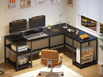 L Shaped Home Office Desk With Dual Monitors Desk Lamp Small Plant Storage Shelves And Ergonomic Chair 3d model