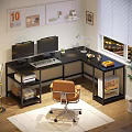 L Shaped Home Office Desk With Dual Monitors Desk Lamp Small Plant Storage Shelves And Ergonomic Chair