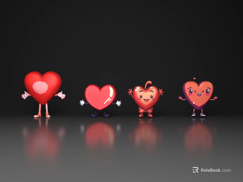 Red Heart Apple Shaped Cartoon Decorative Ornament Set With Arms Legs On Gray Surface 3d model 