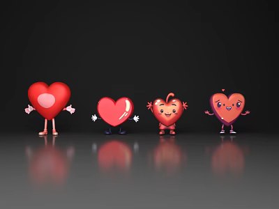 Red Heart Apple Shaped Cartoon Decorative Ornament Set With Arms Legs On Gray Surface 3d model