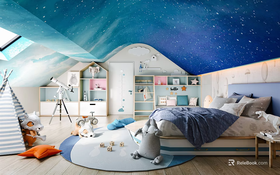 Starry Sky Ceiling Attic Kids Room With Toys Bookshelf Bed And Telescope 3d model 