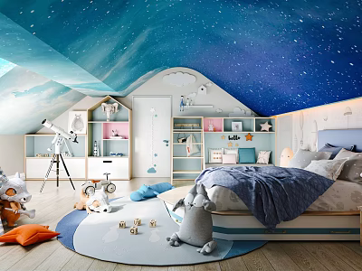 Starry Sky Ceiling Attic Kids Room With Toys Bookshelf Bed And Telescope 3d model