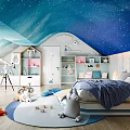 Starry Sky Ceiling Attic Kids Room With Toys Bookshelf Bed And Telescope