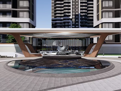 Modern Entrance Gate Design With Canopy Water Feature And Surrounding High Rise Buildings 3d model