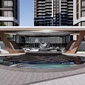 Modern Entrance Gate Design With Canopy Water Feature And Surrounding High Rise Buildings