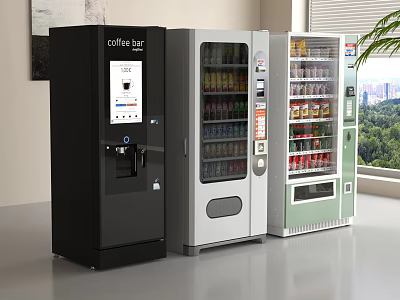 Modern Indoor Coffee And Beverage Vending Machines In Black Silver Green Colors 3d model