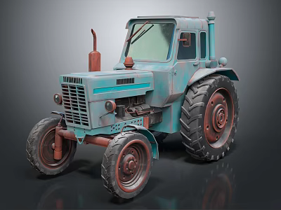 Vintage Blue Tractor With Retro Design Worn Appearance And Large Tires 3d model