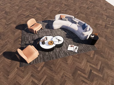Modern Curved Sofa Coffee Table Set With Round Tables Accent Chairs And Area Rug 3d model