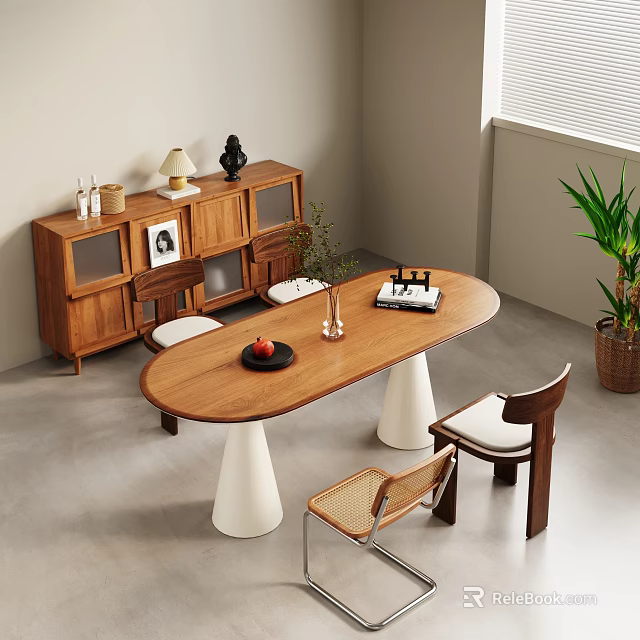 Modern Oval Wooden Dining Table Set With White Bases Chairs Sideboard Decorations And Green Plant 3d model 