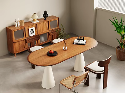 Modern Oval Wooden Dining Table Set With White Bases Chairs Sideboard Decorations And Green Plant 3d model