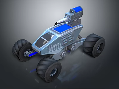 Rugged Terrain Navigation With Sci Fi Off Road Vehicle Large Tires Blue Accents 3d model