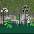 Kindergarten Outdoor Playground With Green Floor Soccer Ball Shaped Structures Slides And Trees