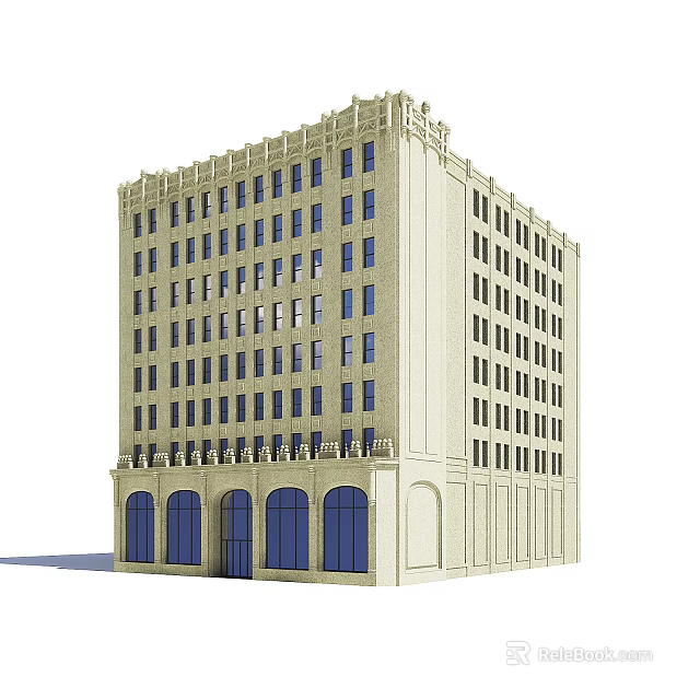 Classical Multi Story Office Building With Beige Exterior Arched Windows And Ornate Top Design 3d model 
