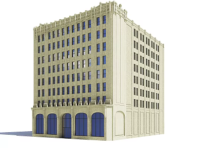 Classical Multi Story Office Building With Beige Exterior Arched Windows And Ornate Top Design 3d model
