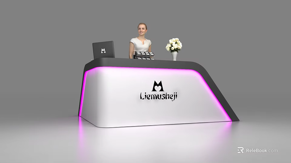 Modern Reception Desk With Purple Lighting Laptop White Flowers And Liemusheji Logo 3d model 