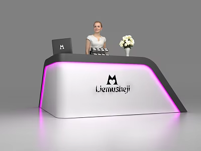 Modern Reception Desk With Purple Lighting Laptop White Flowers And Liemusheji Logo 3d model