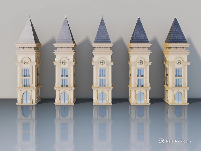 Beige Gray Classical Tower Models with Swing Doors and Windows Arranged in Row 3d model 