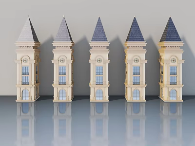 Beige Gray Classical Tower Models with Swing Doors and Windows Arranged in Row 3d model
