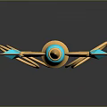 Ornate Fantasy Weapon with Golden Decoration Black Handle Blue Gemstones Circular Ring Design and Spearhead