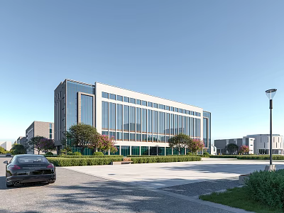 Modern Office Building With Glass Curtain Wall Parking Lot Green Trees And Street Lamps 3d model