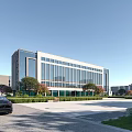 Modern Office Building With Glass Curtain Wall Parking Lot Green Trees And Street Lamps