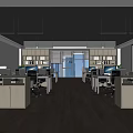 Modern Public Office Space With Desks Computers Bookshelves And Large Windows 3d model
