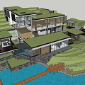 Modern Vacation Villa Building with Green Roof Glass Walls Wooden Walkway on Sloped Waterfront Terrain