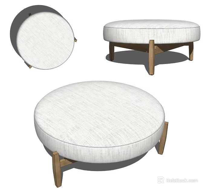 Stylish Modern Round Ottoman With White Upholstered Seat And Wooden Legs 3d model 