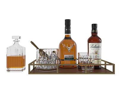 Whiskey Bottles Glasses And Crystal Decanter With Ice On Tray 3d model