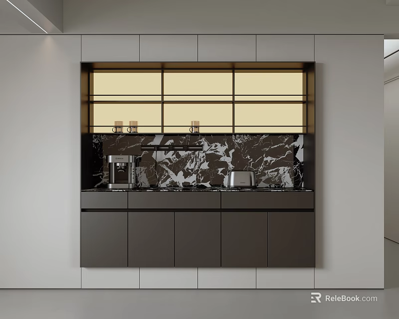 Modern Black Sideboard Cabinet With Marble Countertop And Glass Decorative Panels 3d model 