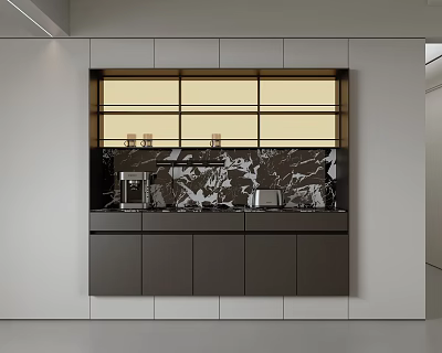 Modern Black Sideboard Cabinet With Marble Countertop And Glass Decorative Panels 3d model