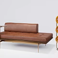 Brown Leather Multi Person Sofa With Metal Legs Side Table And Three Tier Circular Shelf