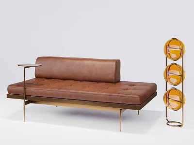 Brown Leather Multi Person Sofa With Metal Legs Side Table And Three Tier Circular Shelf 3d model