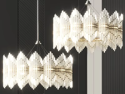 Stylish Modern Geometric Crystal Chandeliers Hanging In Dark Interior Design 3d model