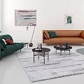 Modern Living Room With Green Orange Sofa And Small Coffee Table Set On Gray Rug 3d model