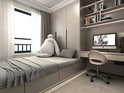 Modern Tatami Bedroom With Gray Quilt Bed Large Plush Toy Desk Computer And Bookshelf 3d model