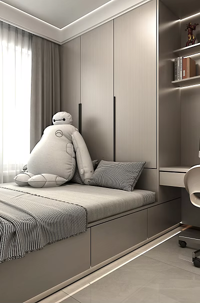 Modern Tatami Bedroom With Gray Quilt Bed Large Plush Toy Desk Computer And Bookshelf 3d model