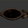 Wooden Ram Head Shaped Vessel With Carved Patterns For Daily Use