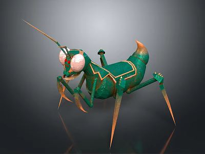 Futuristic 3D Mechanical Mantis Character With Green Body Gold Accents And Red Eyes 3d model