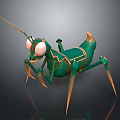 Futuristic 3D Mechanical Mantis Character With Green Body Gold Accents And Red Eyes