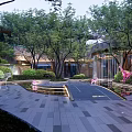 Modern Garden Landscape with Pink Giraffe and Deer Sculptures Water Pool Green Plants Illuminated Path