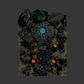 Cartoon Scene With Glowing Blue Pool Orange Lanterns Black Crow And Mossy Rocks