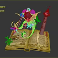 Ancient Open Book Scene Featuring Character And Purple Creature Near Red Roof Tower