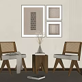 Rattan Leisure Chairs With Wooden Frames Side Table Vase And Decorative Paintings