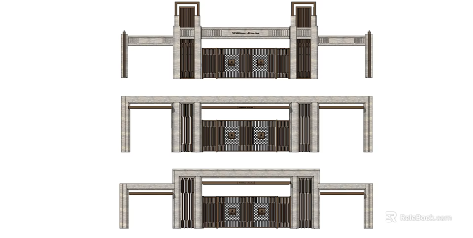 Traditional Main Gate Design With Stone Pillars Wooden Panels And Intricate Carved Patterns 3d model 