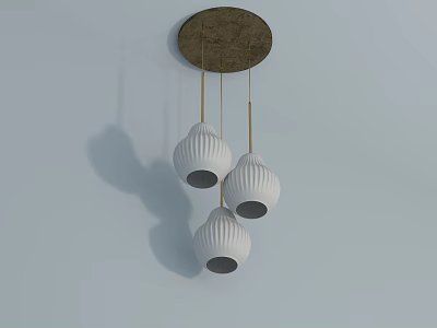 Modern Minimalist Chandelier Featuring Three White Textured Lampshades and Golden Chains on Light Wall 3d model