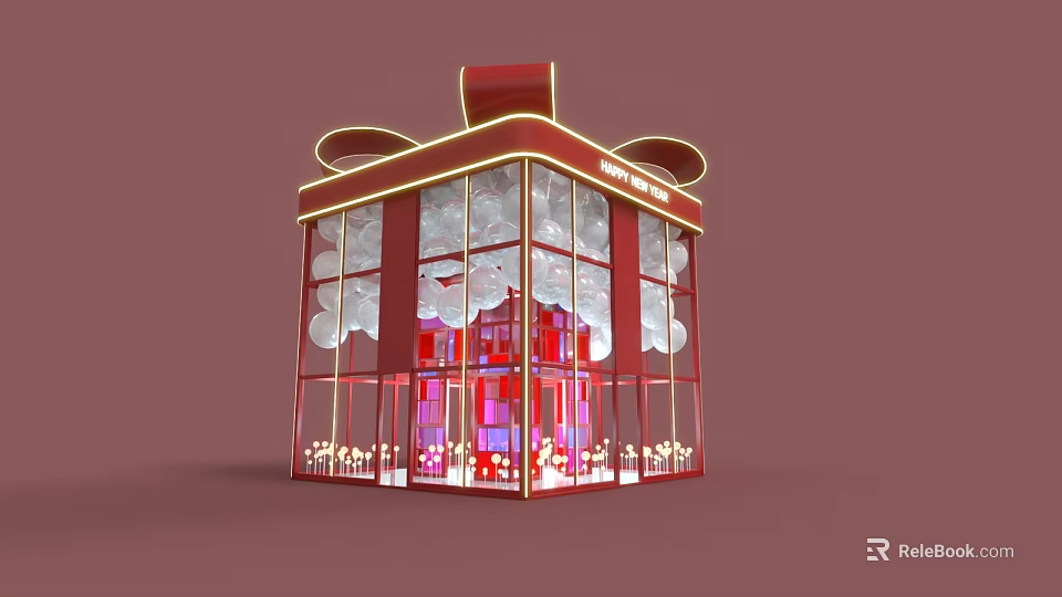 Red Gift Box Shaped Building With Glass Windows White Balloons And Decorative Lighting 3d model 