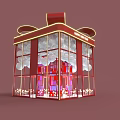 Red Gift Box Shaped Building With Glass Windows White Balloons And Decorative Lighting 3d model